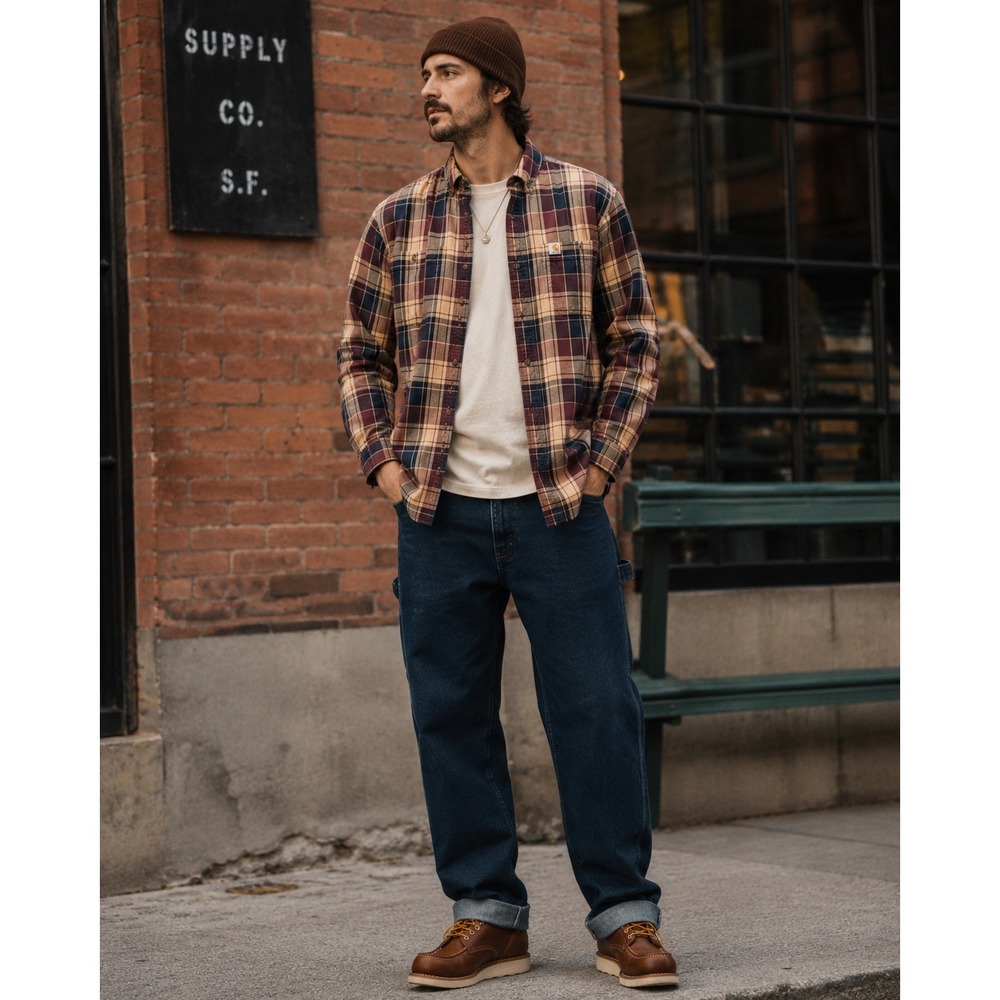 Carhartt Trumbull Men's Medium Burgundy Plaid Flannel Shirt Workwear Grunge